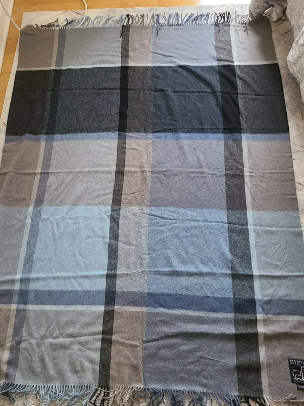 Elvang Denmark Alpaca Wool Throw Blanket Gray Blue Plaid 52x71 Made in Peru